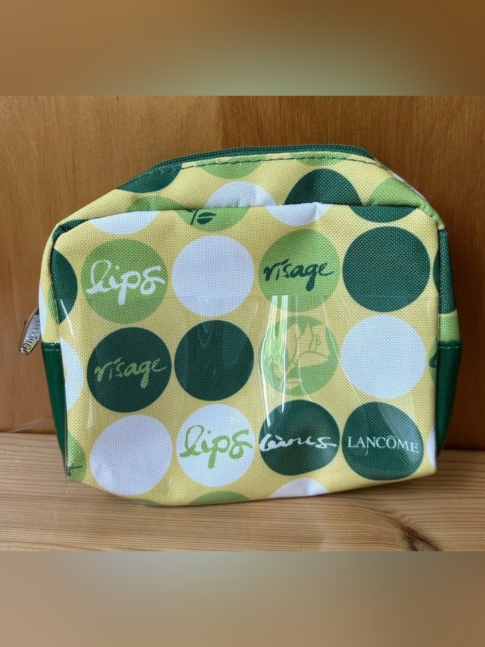 Lancome Green/Yellow Wrap Around Zip Square Cosmetic Travel Makeup Bag Pouch